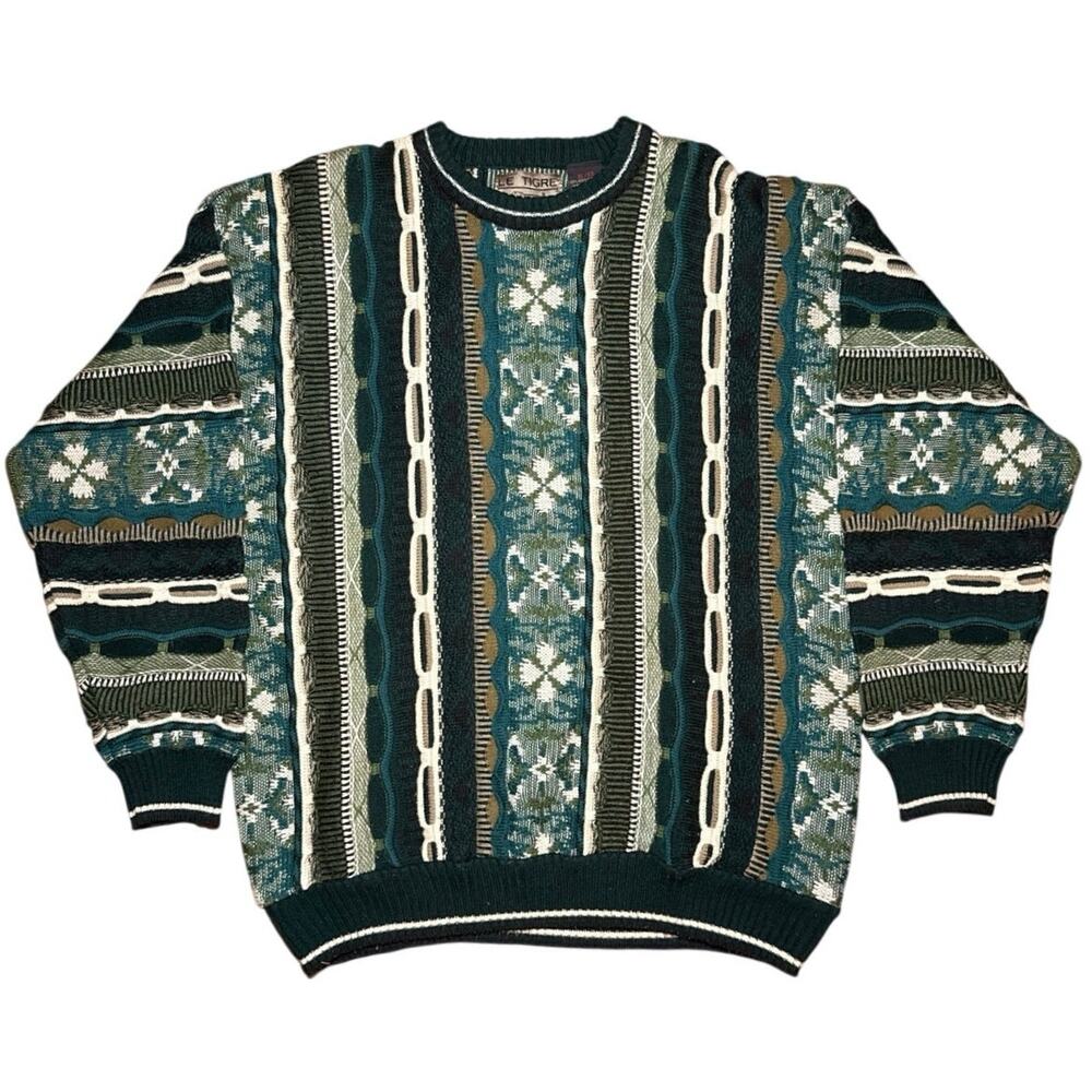 Vtg Le Tigre 3D Knit Sweater Men XL Coogi Style Chunky Textured 90s Green